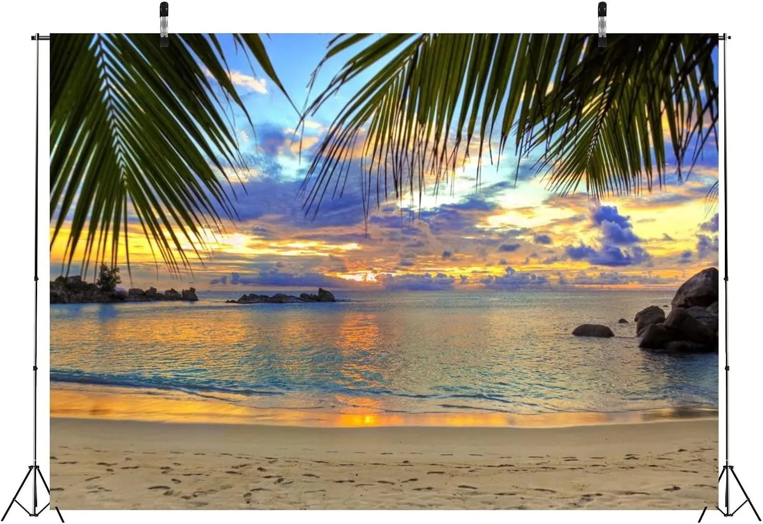 BELECO Sunset Beach Backdrop 7x5ft Fabric Summer Tropical Sea Palm Tree Hawaii Scenery Background Birthday Wedding Party Decor Baby Shower Photoshoot Prop Kids Adults Family Portrait Photo Prop