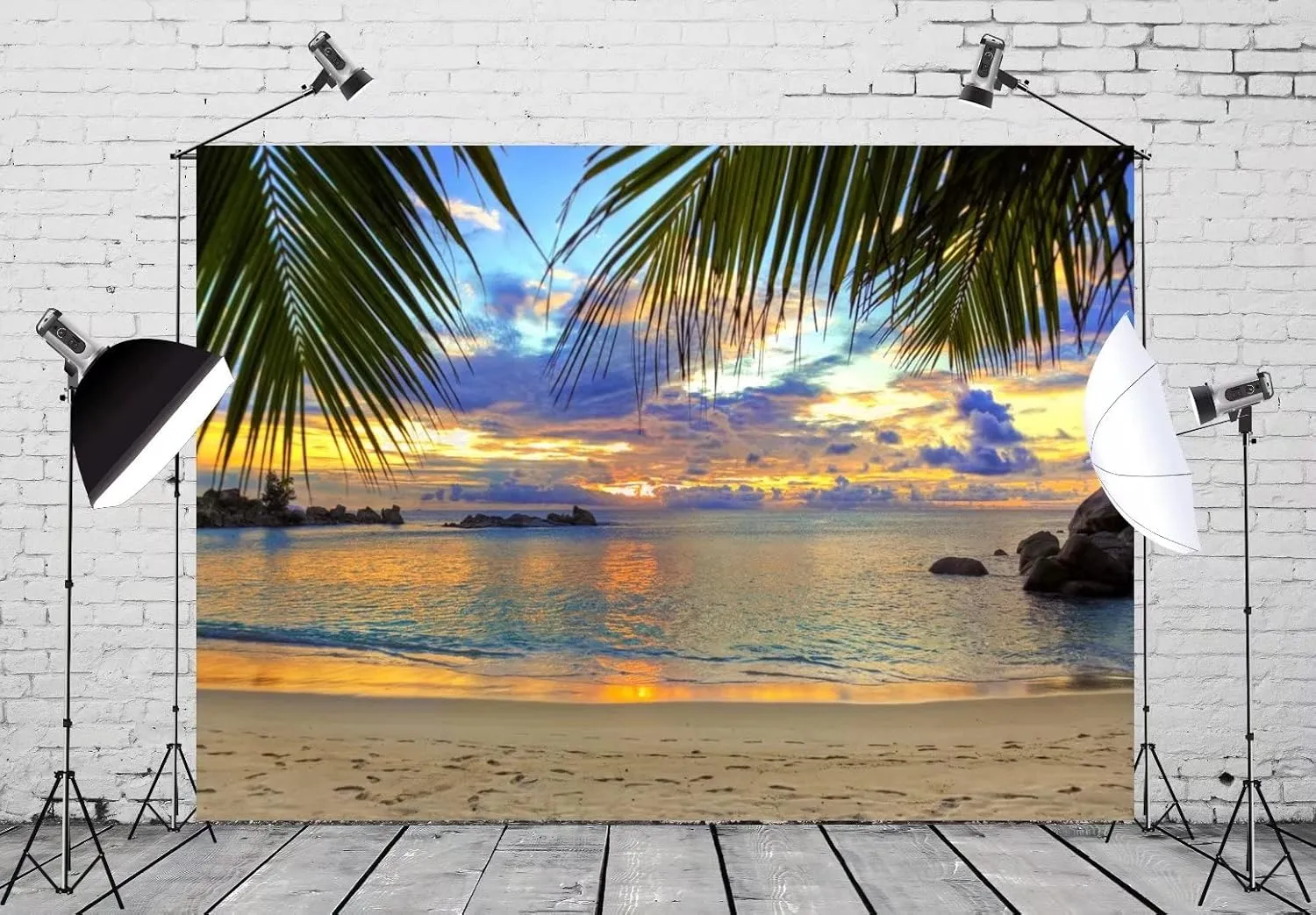 BELECO Sunset Beach Backdrop 7x5ft Fabric Summer Tropical Sea Palm Tree Hawaii Scenery Background Birthday Wedding Party Decor Baby Shower Photoshoot Prop Kids Adults Family Portrait Photo Prop