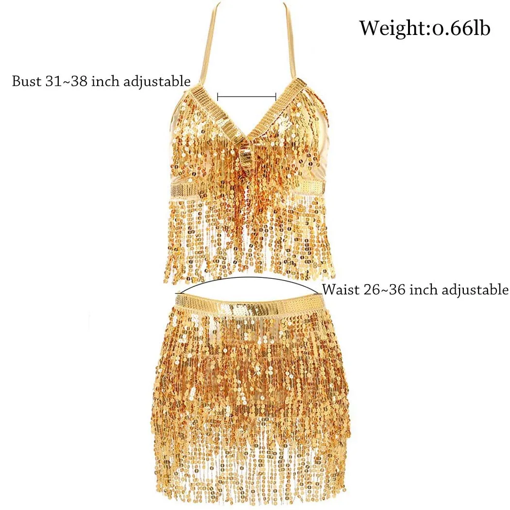 Belly Dance Hip Skirt Tassel Scarf Sequin Skirt Wrap Fringe Skirts with Bra Rave Dance Performance Costume Dress for Women and Girls(One Set) (Gold)