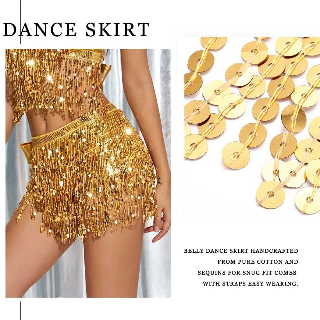Belly Dance Hip Skirt Tassel Scarf Sequin Skirt Wrap Fringe Skirts with Bra Rave Dance Performance Costume Dress for Women and Girls(One Set) (Gold)