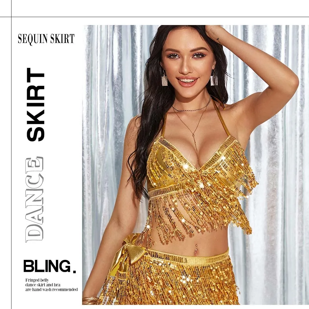 Belly Dance Hip Skirt Tassel Scarf Sequin Skirt Wrap Fringe Skirts with Bra Rave Dance Performance Costume Dress for Women and Girls(One Set) (Gold)