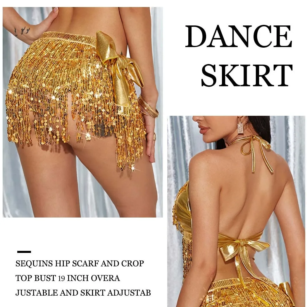 Belly Dance Hip Skirt Tassel Scarf Sequin Skirt Wrap Fringe Skirts with Bra Rave Dance Performance Costume Dress for Women and Girls(One Set) (Gold)