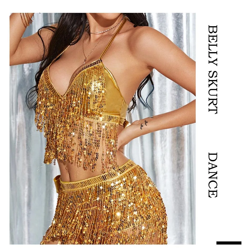 Belly Dance Hip Skirt Tassel Scarf Sequin Skirt Wrap Fringe Skirts with Bra Rave Dance Performance Costume Dress for Women and Girls(One Set) (Gold)