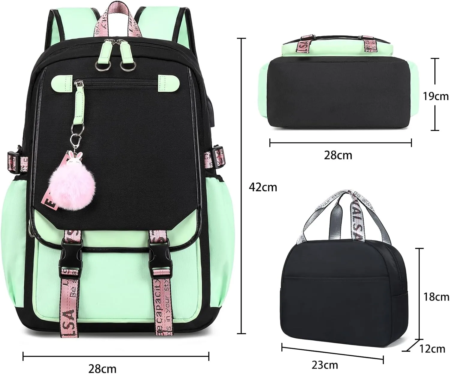 Bevalsa Girls School Backpack with Lunch Box, 21L Bookbag for Kids Elementary to Middle School Students