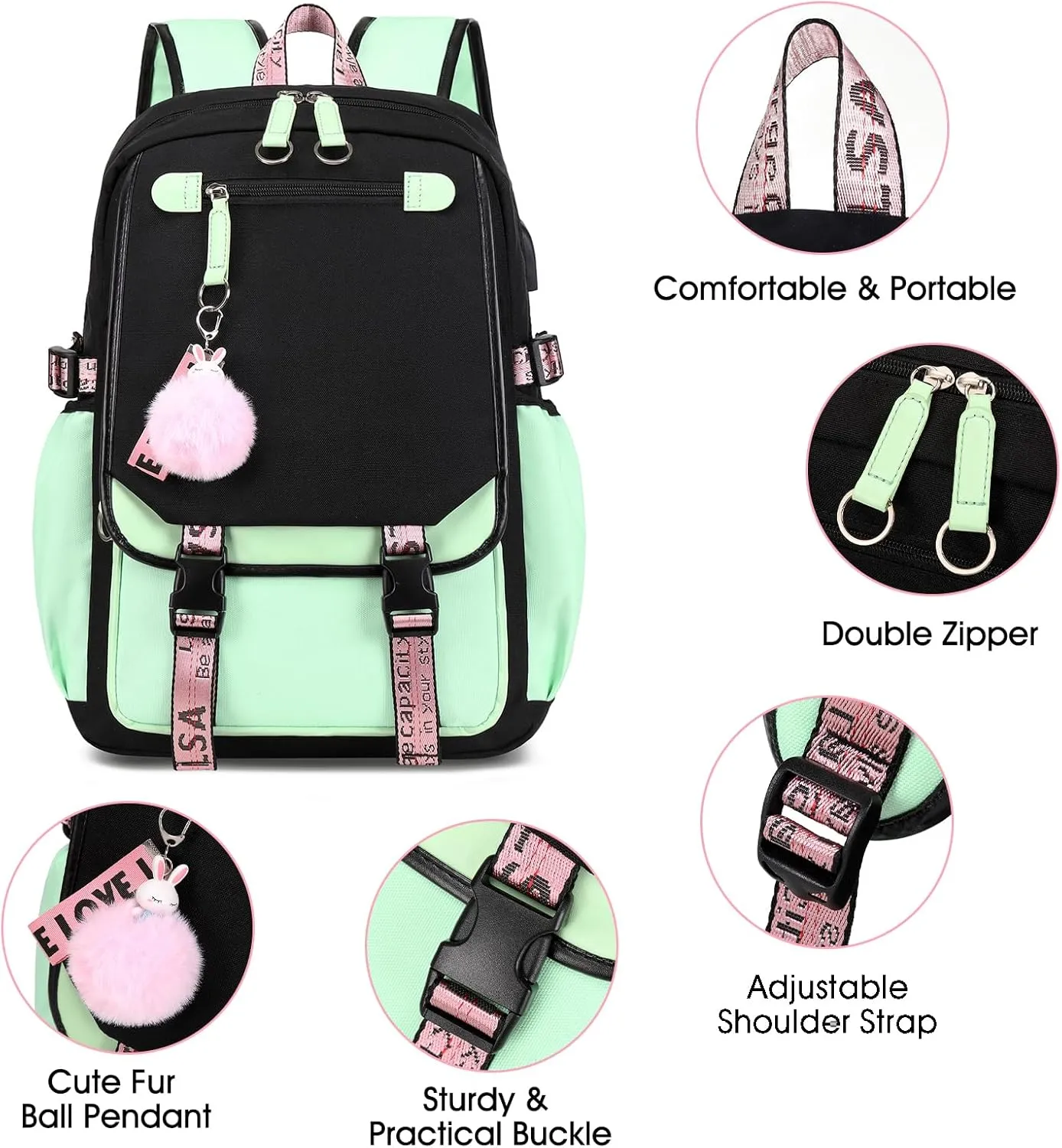 Bevalsa Girls School Backpack with Lunch Box, 21L Bookbag for Kids Elementary to Middle School Students