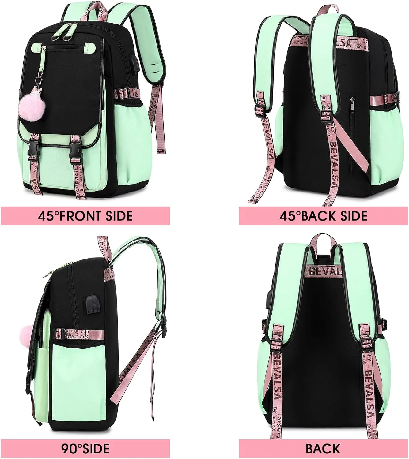 Bevalsa Girls School Backpack with Lunch Box, 21L Bookbag for Kids Elementary to Middle School Students