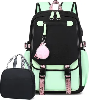 Bevalsa Girls School Backpack with Lunch Box, 21L Bookbag for Kids Elementary to Middle School Students