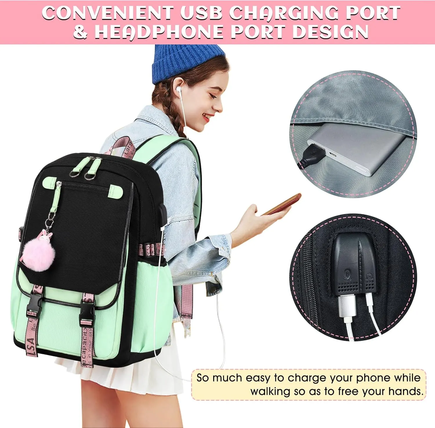 Bevalsa Girls School Backpack with Lunch Box, 21L Bookbag for Kids Elementary to Middle School Students