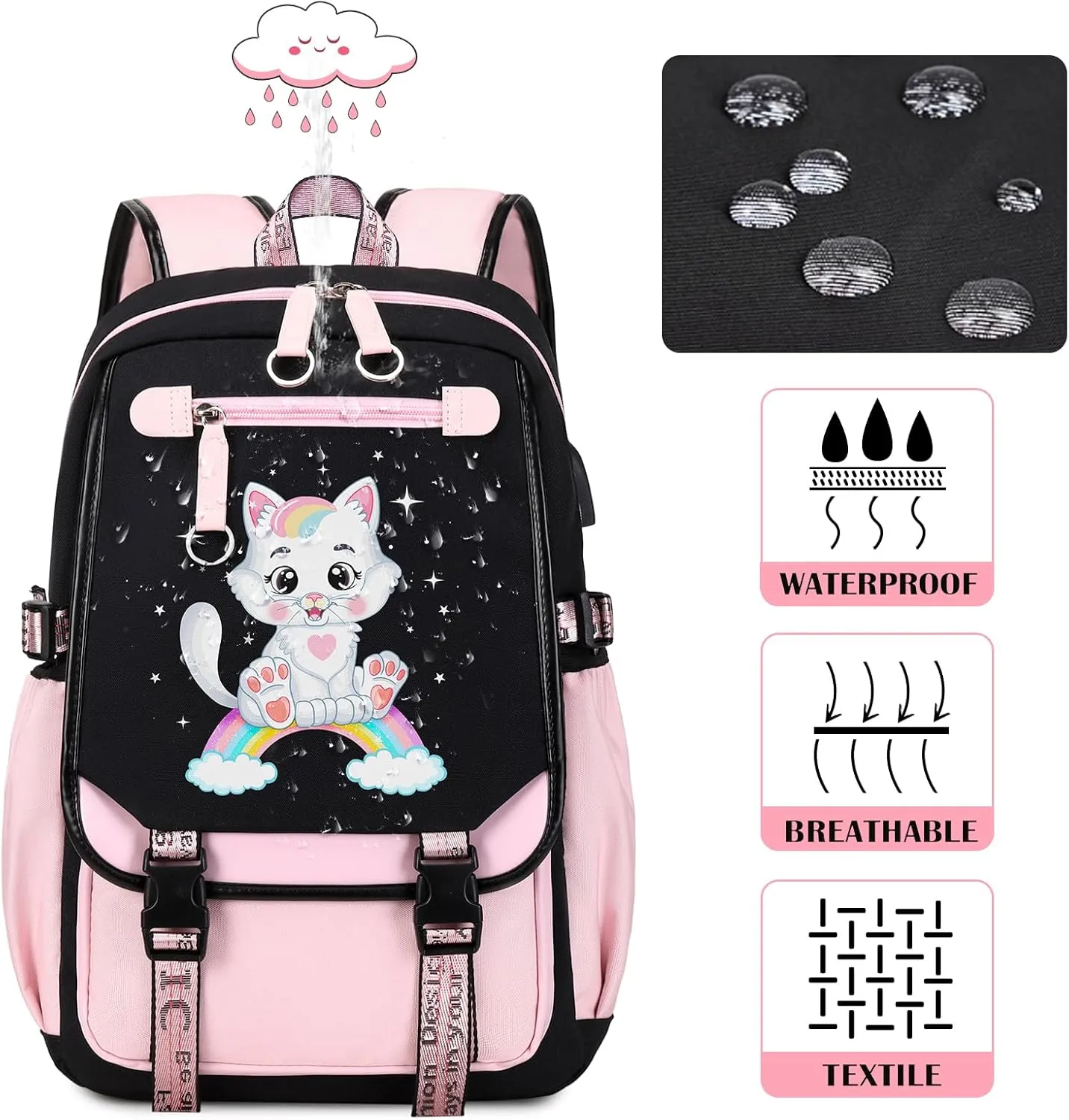 Bevalsa School Backpack for Girls, Pink Cat Pattern Girls Backpack with Lunch Box, Bookbag for Kids Elementary Middle Student