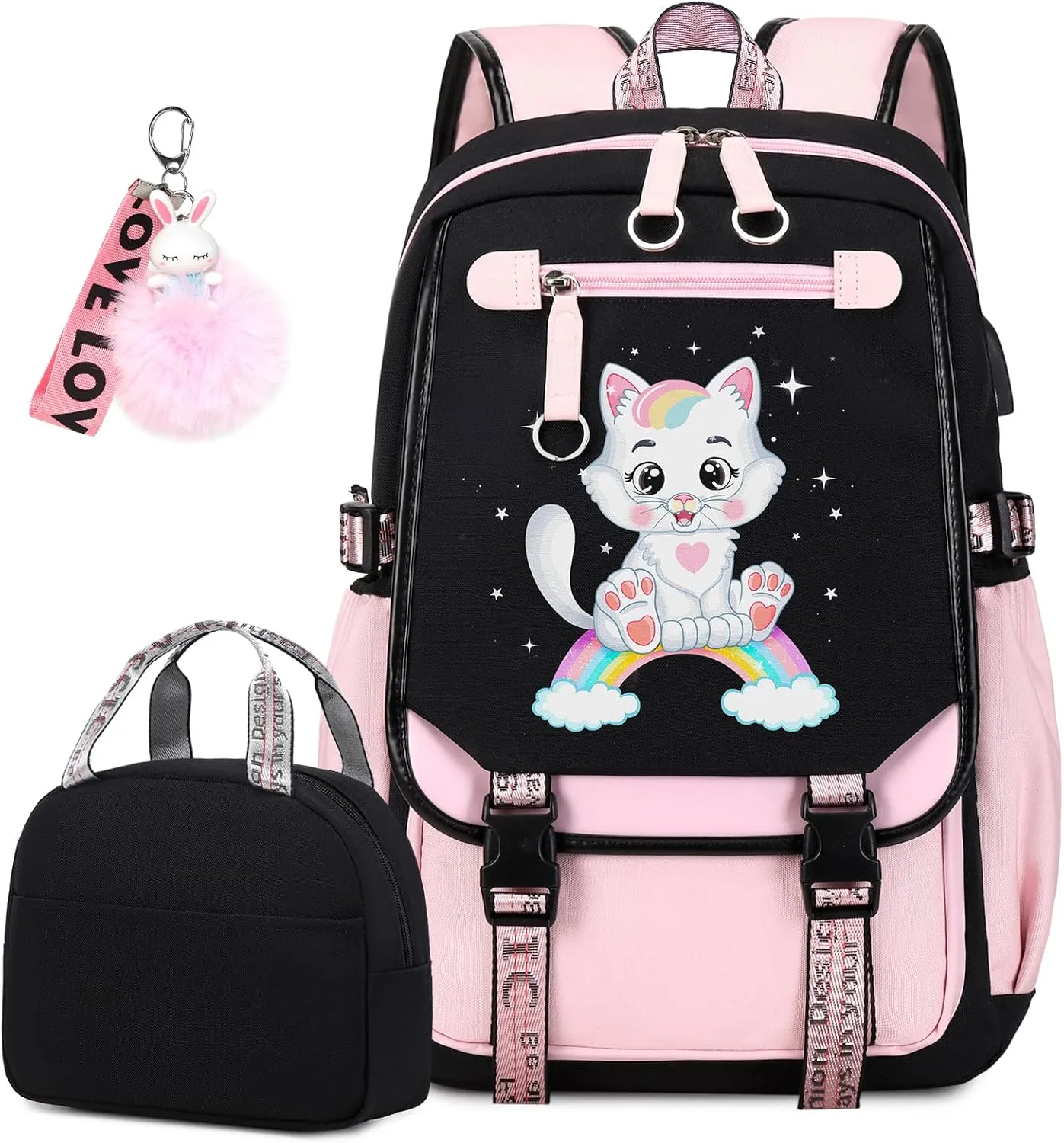 Bevalsa School Backpack for Girls, Pink Cat Pattern Girls Backpack with Lunch Box, Bookbag for Kids Elementary Middle Student