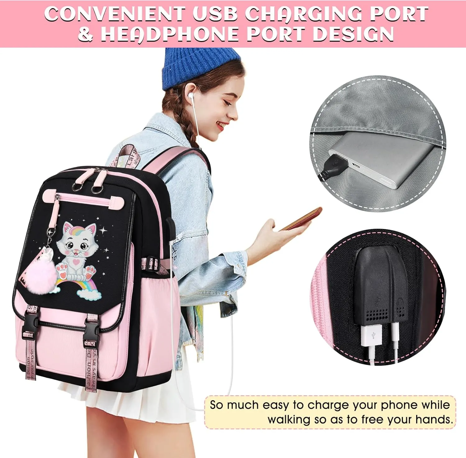 Bevalsa School Backpack for Girls, Pink Cat Pattern Girls Backpack with Lunch Box, Bookbag for Kids Elementary Middle Student