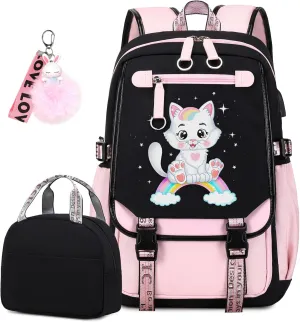 Bevalsa School Backpack for Girls, Pink Cat Pattern Girls Backpack with Lunch Box, Bookbag for Kids Elementary Middle Student