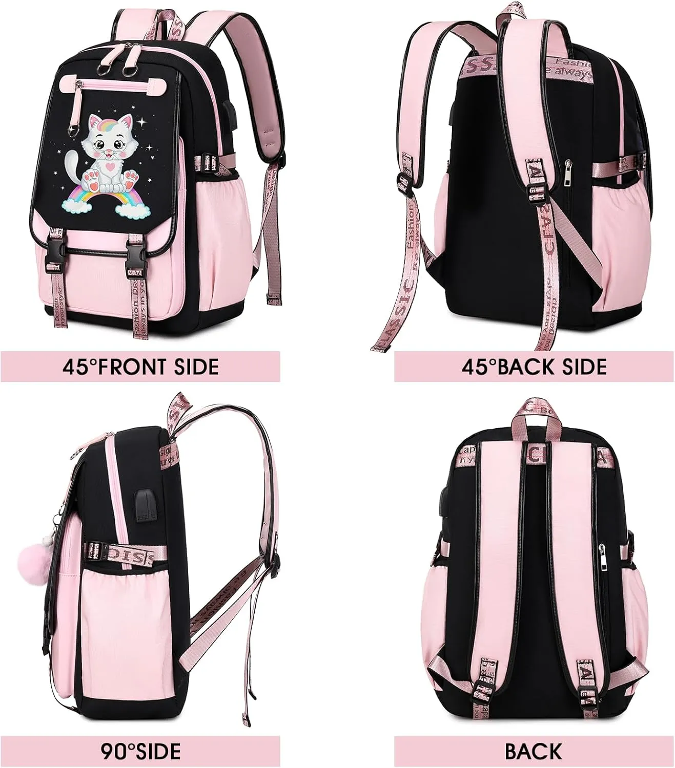 Bevalsa School Backpack for Girls, Pink Cat Pattern Girls Backpack with Lunch Box, Bookbag for Kids Elementary Middle Student