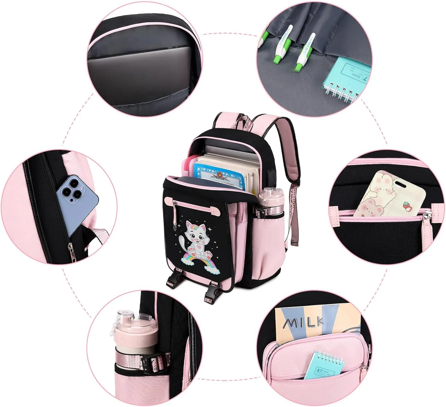 Bevalsa School Backpack for Girls, Pink Cat Pattern Girls Backpack with Lunch Box, Bookbag for Kids Elementary Middle Student