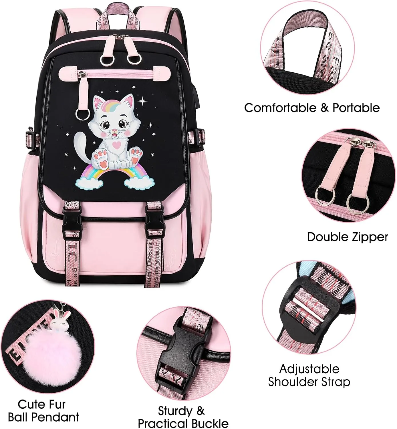 Bevalsa School Backpack for Girls, Pink Cat Pattern Girls Backpack with Lunch Box, Bookbag for Kids Elementary Middle Student