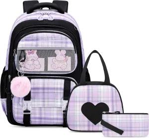 Bevalsa School Backpack with Lunch Box - Kids Girls Bookbag for Elementary to College Students - Casual Travel Daypack - Black Purple