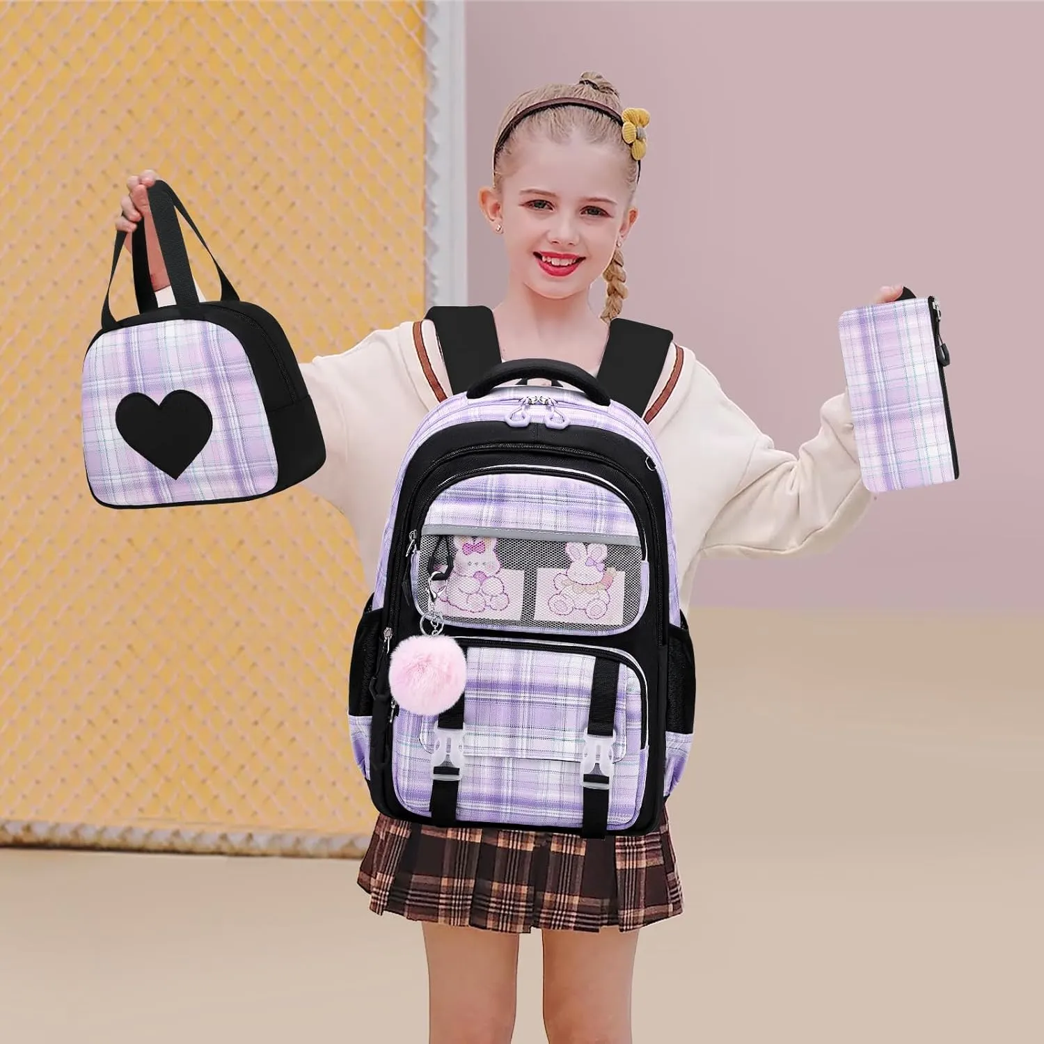 Bevalsa School Backpack with Lunch Box - Kids Girls Bookbag for Elementary to College Students - Casual Travel Daypack - Black Purple