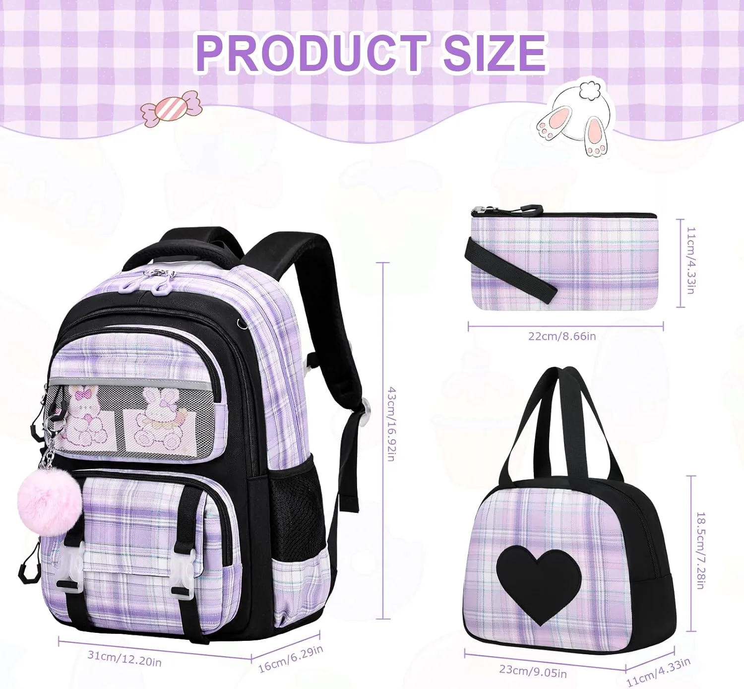Bevalsa School Backpack with Lunch Box - Kids Girls Bookbag for Elementary to College Students - Casual Travel Daypack - Black Purple