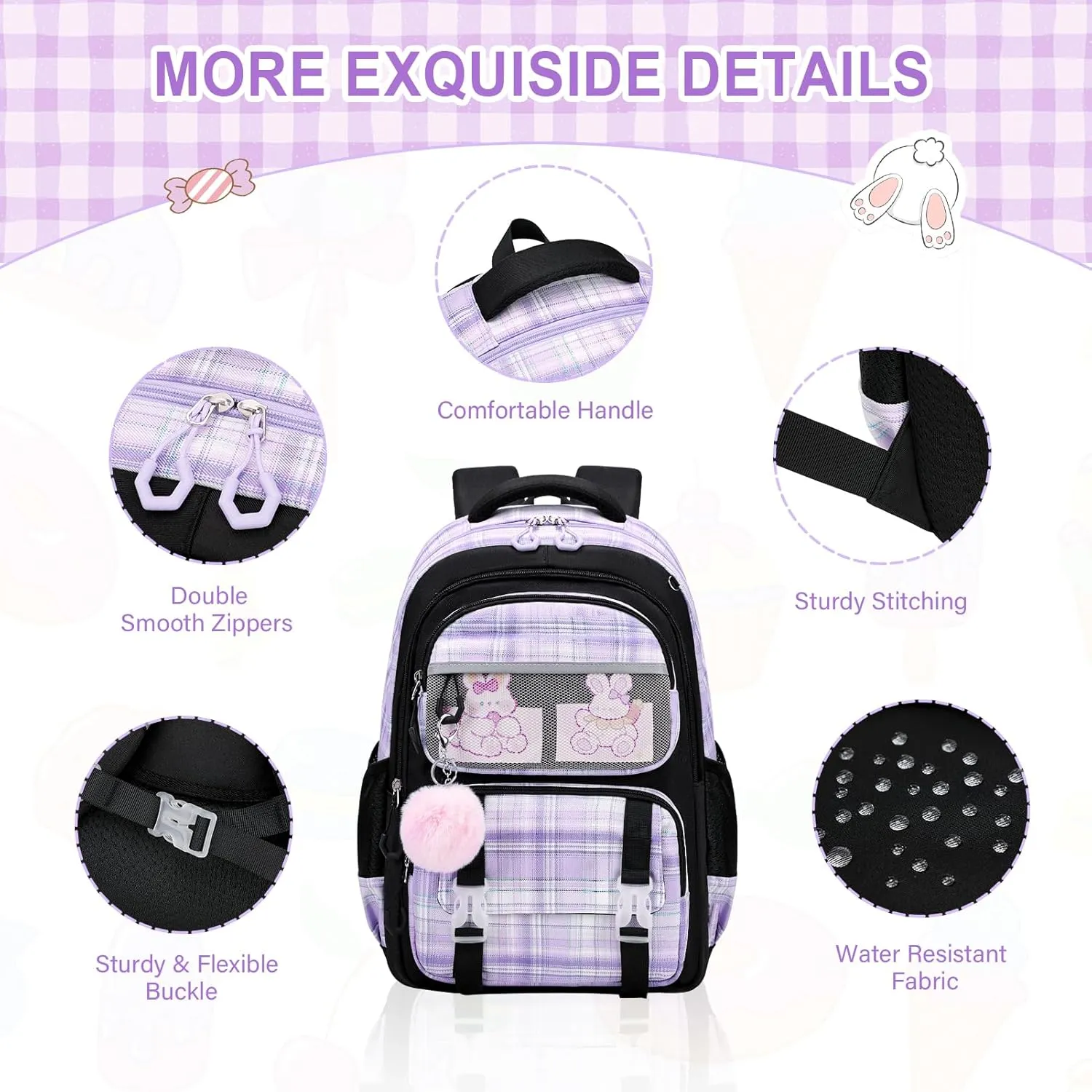 Bevalsa School Backpack with Lunch Box - Kids Girls Bookbag for Elementary to College Students - Casual Travel Daypack - Black Purple