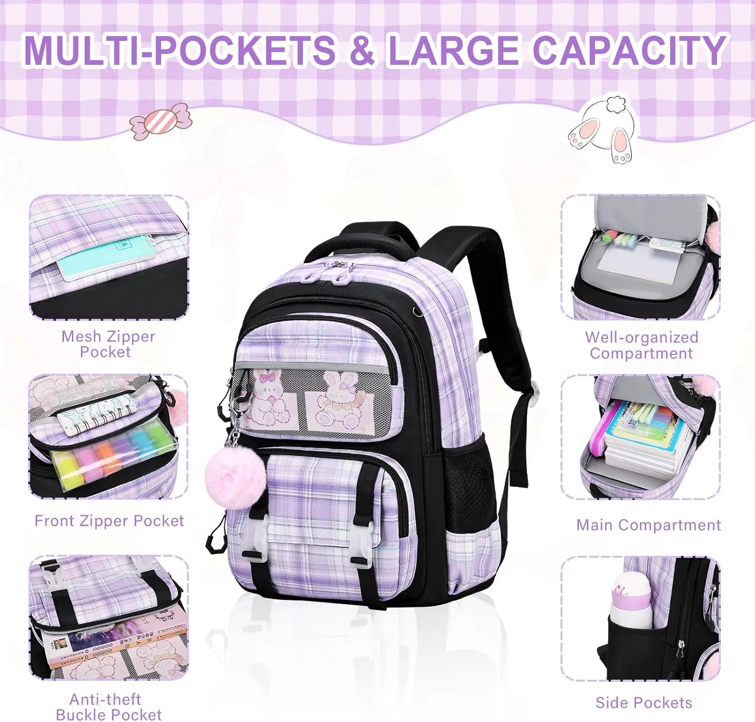 Bevalsa School Backpack with Lunch Box - Kids Girls Bookbag for Elementary to College Students - Casual Travel Daypack - Black Purple