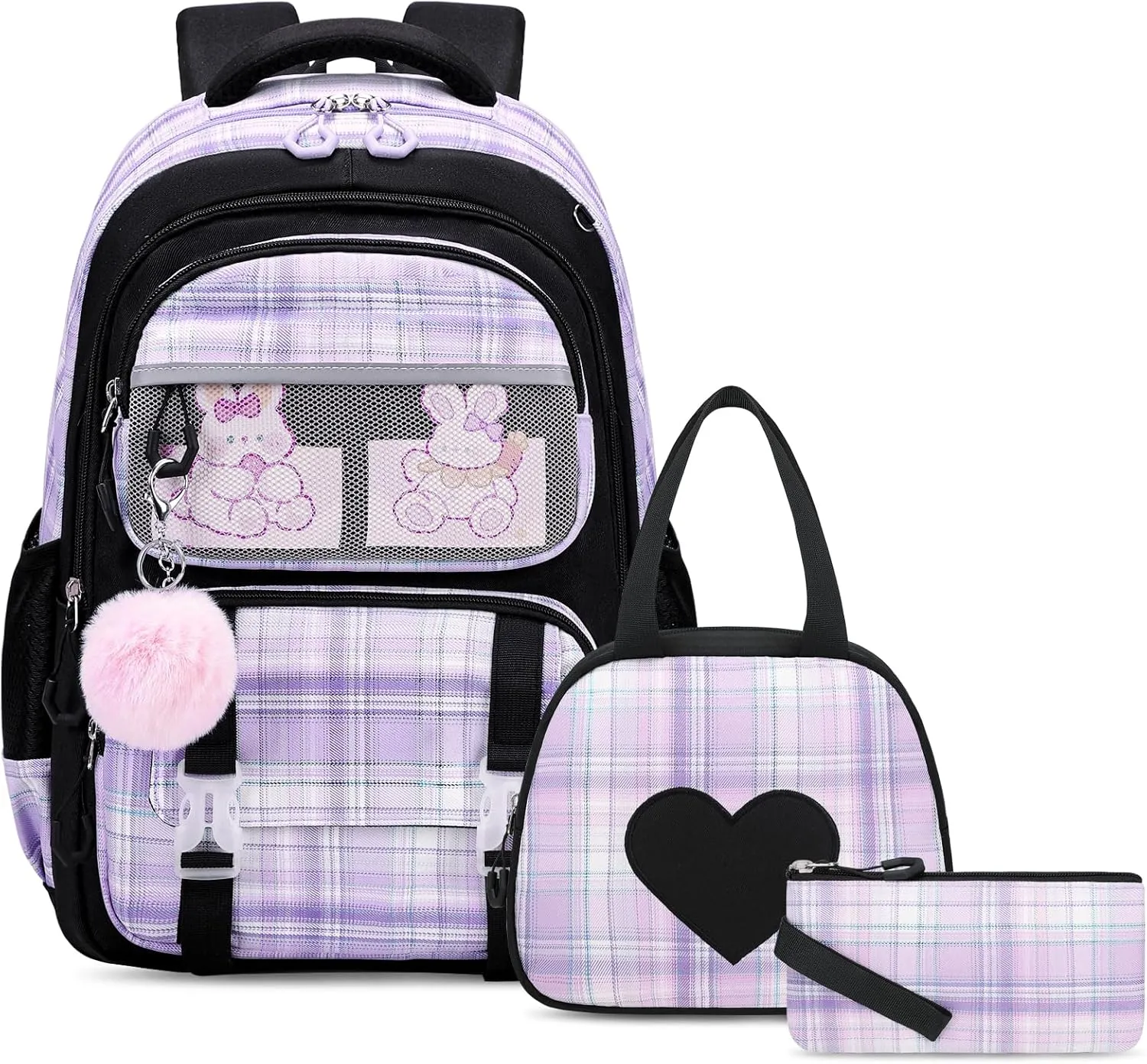 Bevalsa School Backpack with Lunch Box - Kids Girls Bookbag for Elementary to College Students - Casual Travel Daypack - Black Purple