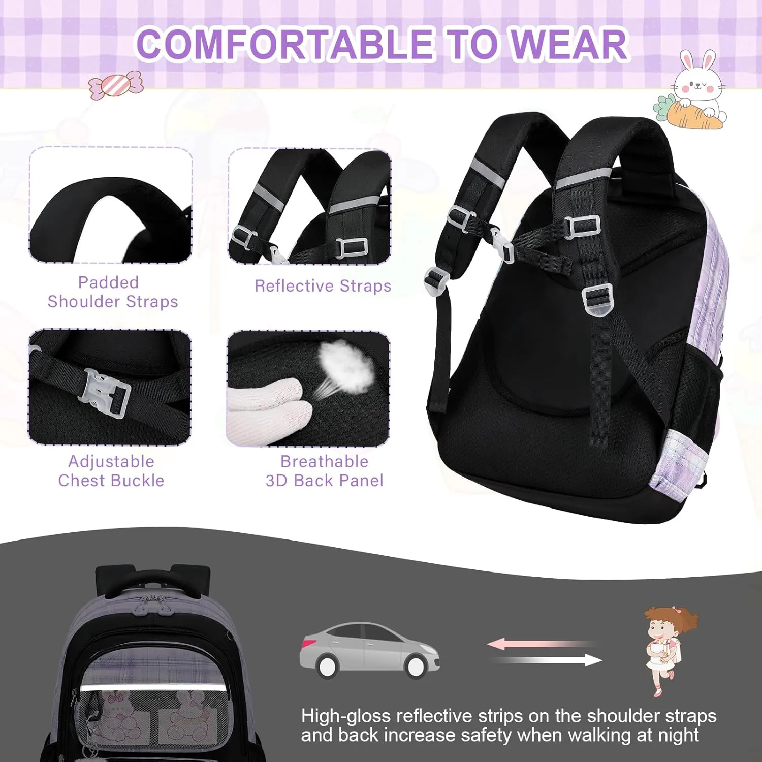 Bevalsa School Backpack with Lunch Box - Kids Girls Bookbag for Elementary to College Students - Casual Travel Daypack - Black Purple