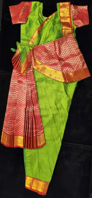 Bharatnatyam Dress | Parrot Green with Red | Silk cotton with contrast Border | Readymade Dance Costume