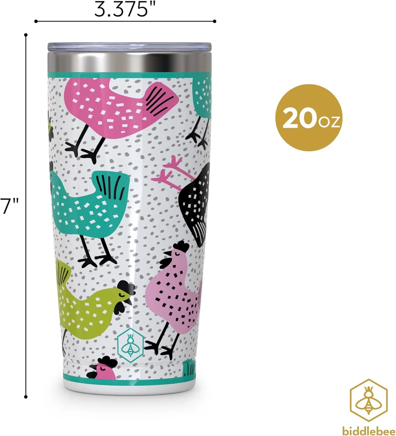 Biddlebee 20oz Insulated Coffee Tumbler – Leakproof, BPA-Free Stainless Steel Cup for Hot & Cold Drinks – Travel Mug, Birthday Gift for Women, Mom, Best Friend (Funky Chickens)