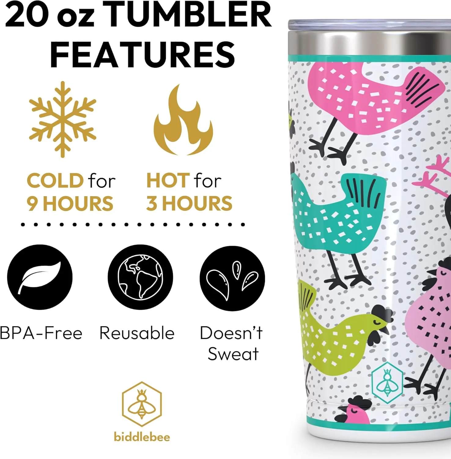 Biddlebee 20oz Insulated Coffee Tumbler – Leakproof, BPA-Free Stainless Steel Cup for Hot & Cold Drinks – Travel Mug, Birthday Gift for Women, Mom, Best Friend (Funky Chickens)
