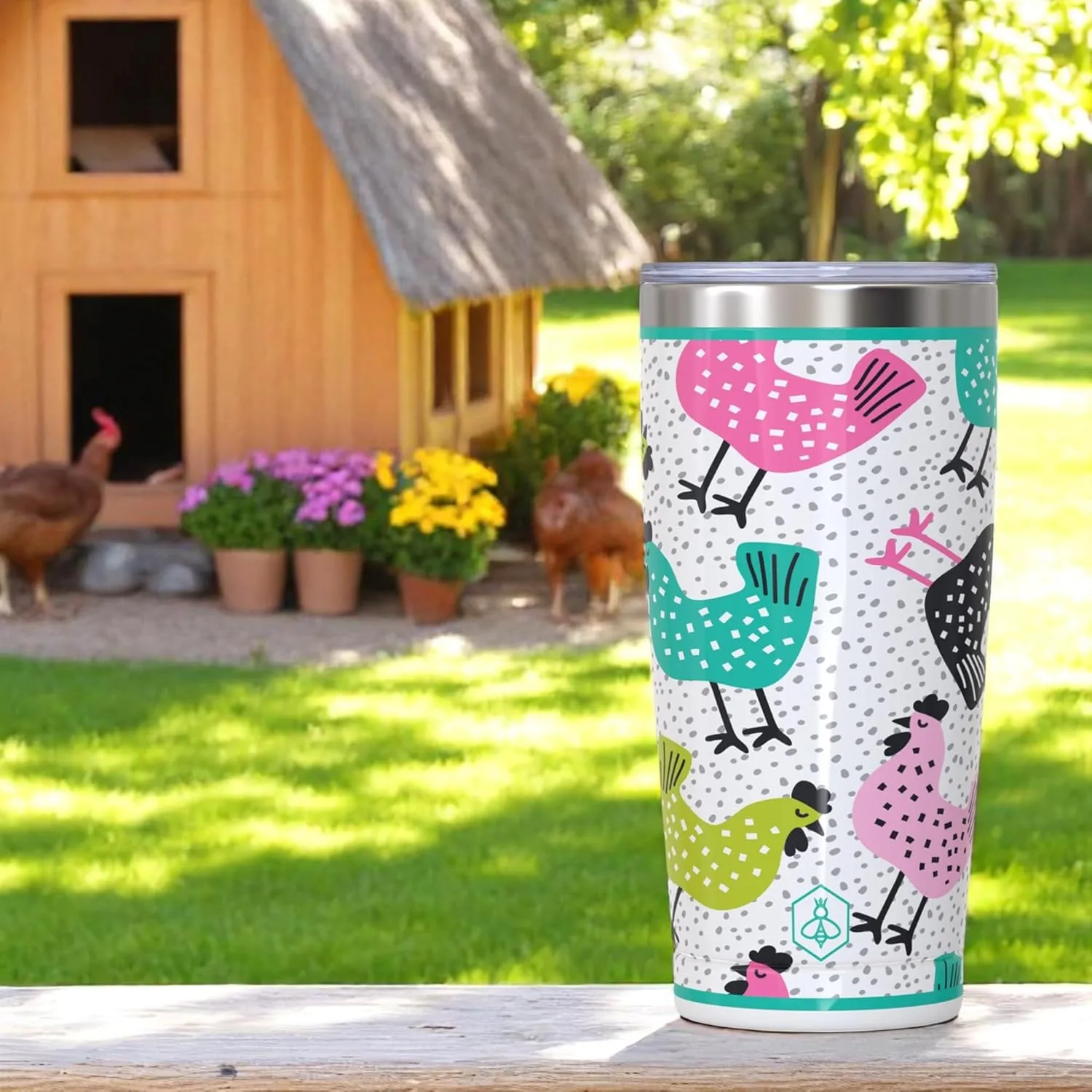 Biddlebee 20oz Insulated Coffee Tumbler – Leakproof, BPA-Free Stainless Steel Cup for Hot & Cold Drinks – Travel Mug, Birthday Gift for Women, Mom, Best Friend (Funky Chickens)