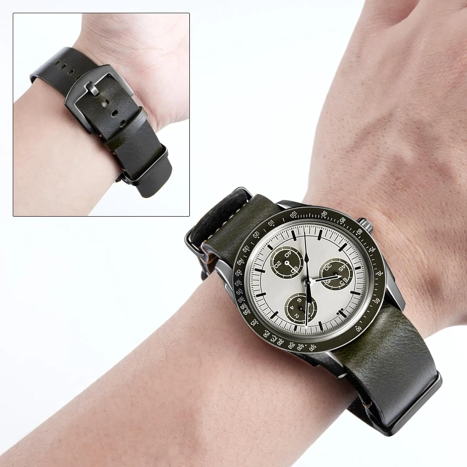 BINLUN Leather Watch Band Crazy Horse Oiled Leather Watch Straps 18mm 19mm 20mm 21mm 22mm 24mm Replacement One-Piece Watchbands for Men and Women Silver & Black Buckle