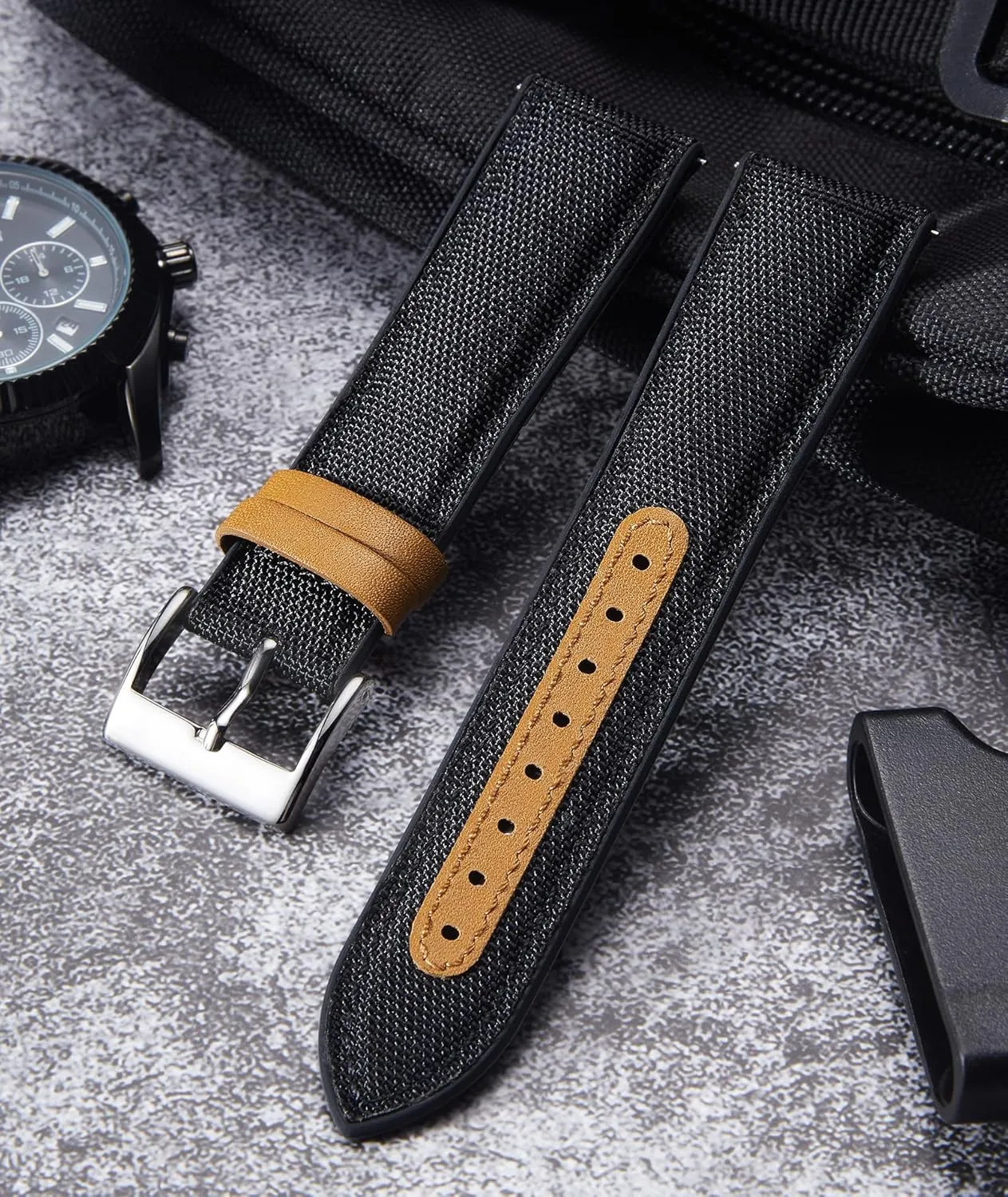 BINLUN Nylon Silicone Watch Bands 18mm 19mm 20mm 21mm 22mm Quick Release Canvas Rubber Hybrid Watch Strap Replacement Watchband for Men Women 9 Colors Silver/Black Buckle