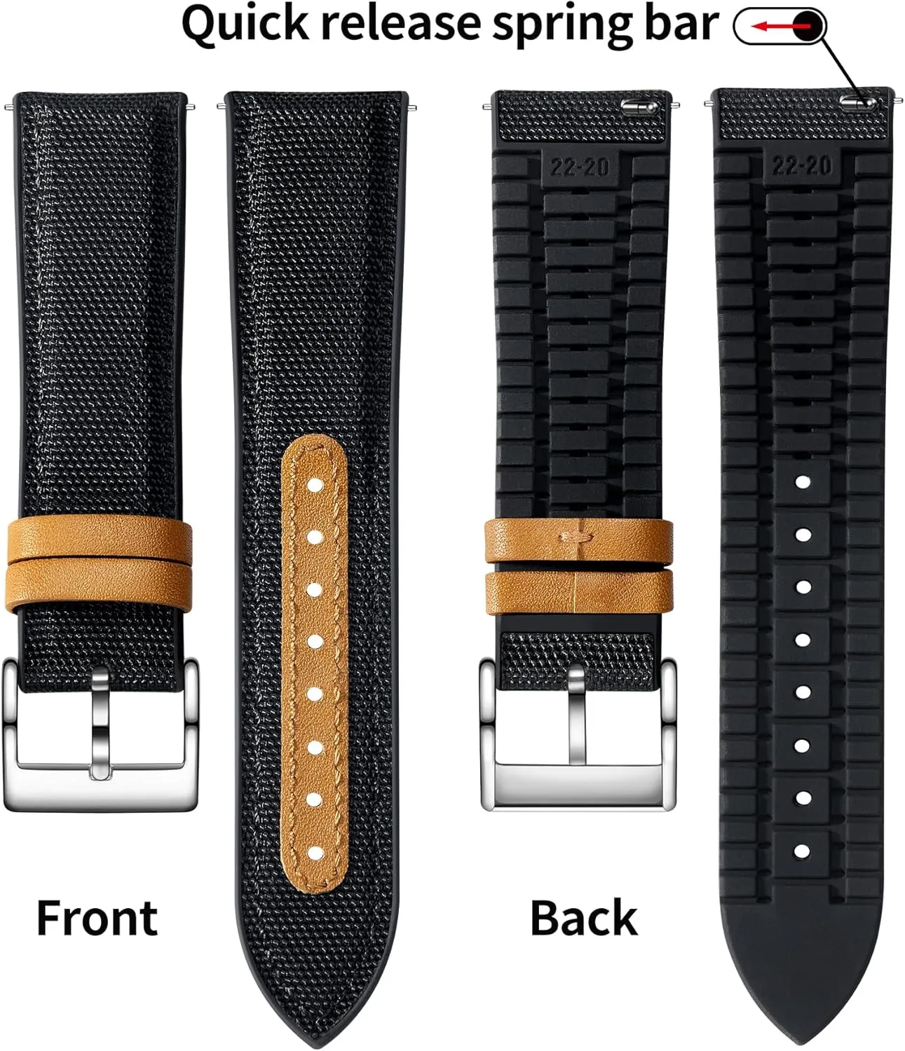 BINLUN Nylon Silicone Watch Bands 18mm 19mm 20mm 21mm 22mm Quick Release Canvas Rubber Hybrid Watch Strap Replacement Watchband for Men Women 9 Colors Silver/Black Buckle