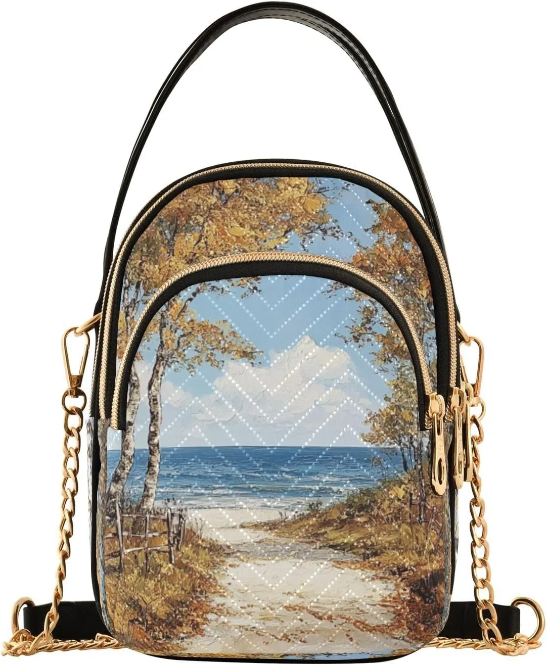 Birch Tree Seascape Golden Multi Pockets Crossbody Bags for Women Zip Cell Phone Purse Wallet Bag with Detachable Shoulder Strap Zipper Purse for Girls Women Trendy Gift Shopping Working Traveling