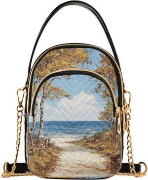 Birch Tree Seascape Golden Multi Pockets Crossbody Bags for Women Zip Cell Phone Purse Wallet Bag with Detachable Shoulder Strap Zipper Purse for Girls Women Trendy Gift Shopping Working Traveling