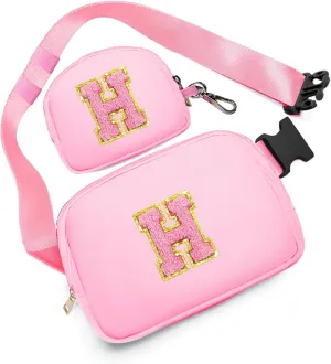 Birthday Gifts for 4 5 6 7 8 9 10 11 12 13 Year Old Girls, Crossbody Bags Fanny Pack with Initial Letter Patch Cute Stuff for Women Girls Teens (H, Pink)