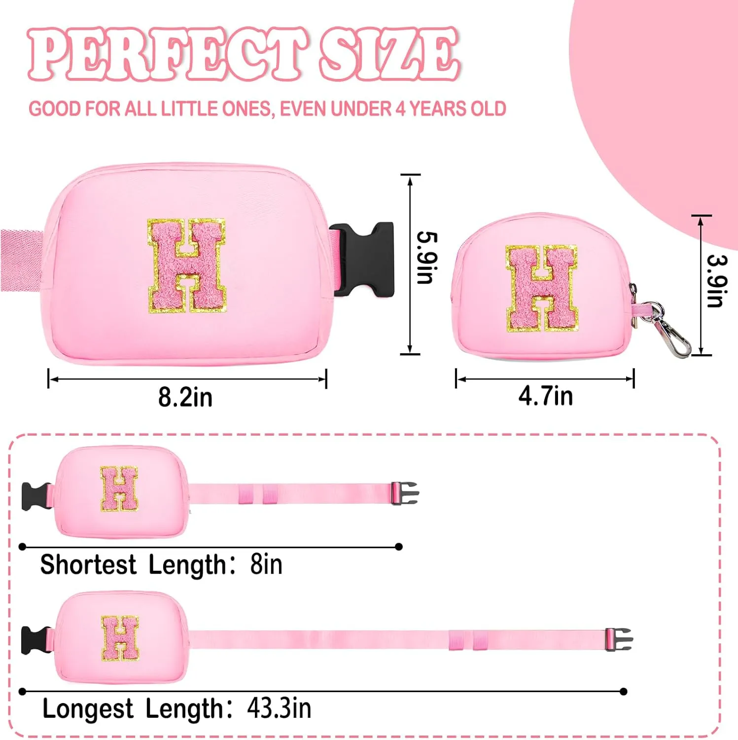 Birthday Gifts for 4 5 6 7 8 9 10 11 12 13 Year Old Girls, Crossbody Bags Fanny Pack with Initial Letter Patch Cute Stuff for Women Girls Teens (H, Pink)