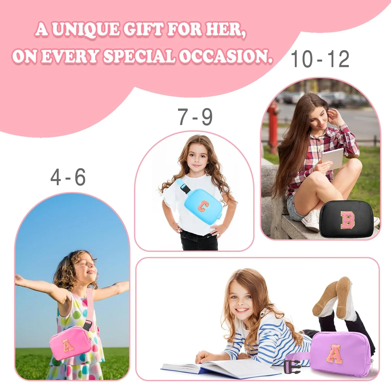 Birthday Gifts for 4 5 6 7 8 9 10 11 12 13 Year Old Girls, Crossbody Bags Fanny Pack with Initial Letter Patch Cute Stuff for Women Girls Teens (H, Pink)