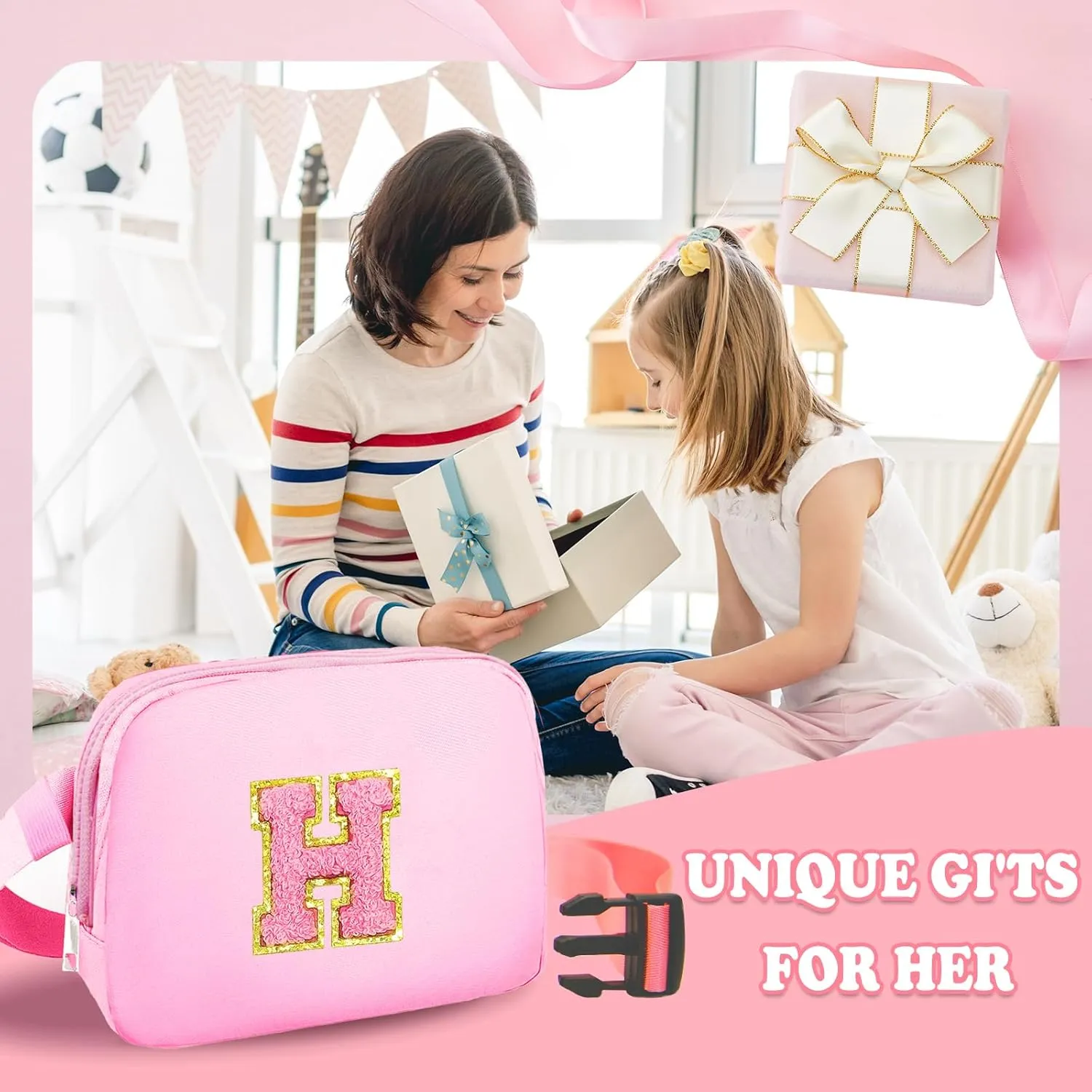 Birthday Gifts for 4 5 6 7 8 9 10 11 12 13 Year Old Girls, Crossbody Bags Fanny Pack with Initial Letter Patch Cute Stuff for Women Girls Teens (H, Pink)