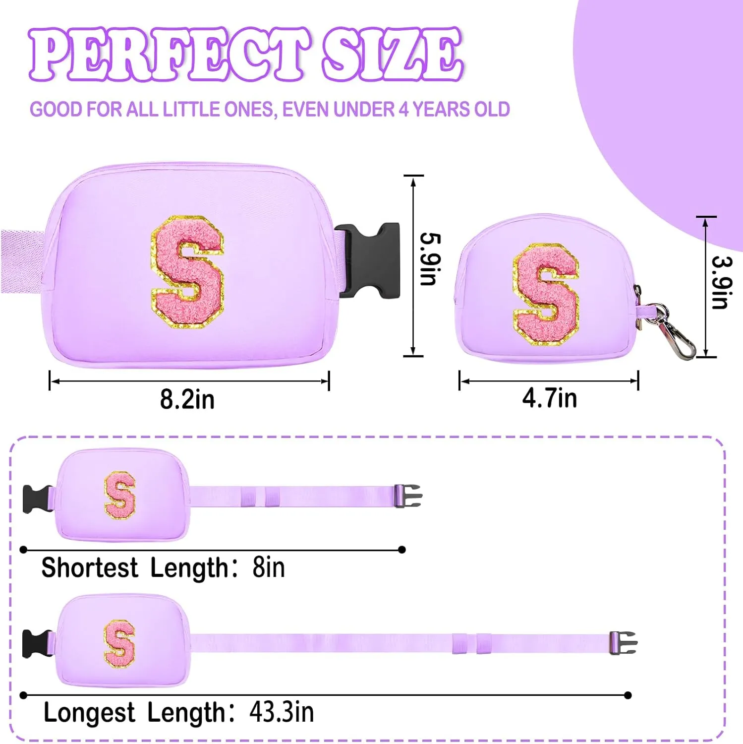 Birthday Gifts for 4 5 6 7 8 9 10 11 12 13 Year Old Girls, Crossbody Bags Fanny Pack with Initial Letter Patch Cute Stuff for Women Girls Teens (S, Purple)
