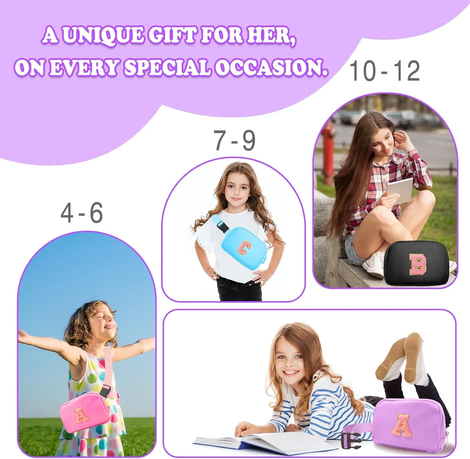 Birthday Gifts for 4 5 6 7 8 9 10 11 12 13 Year Old Girls, Crossbody Bags Fanny Pack with Initial Letter Patch Cute Stuff for Women Girls Teens (S, Purple)