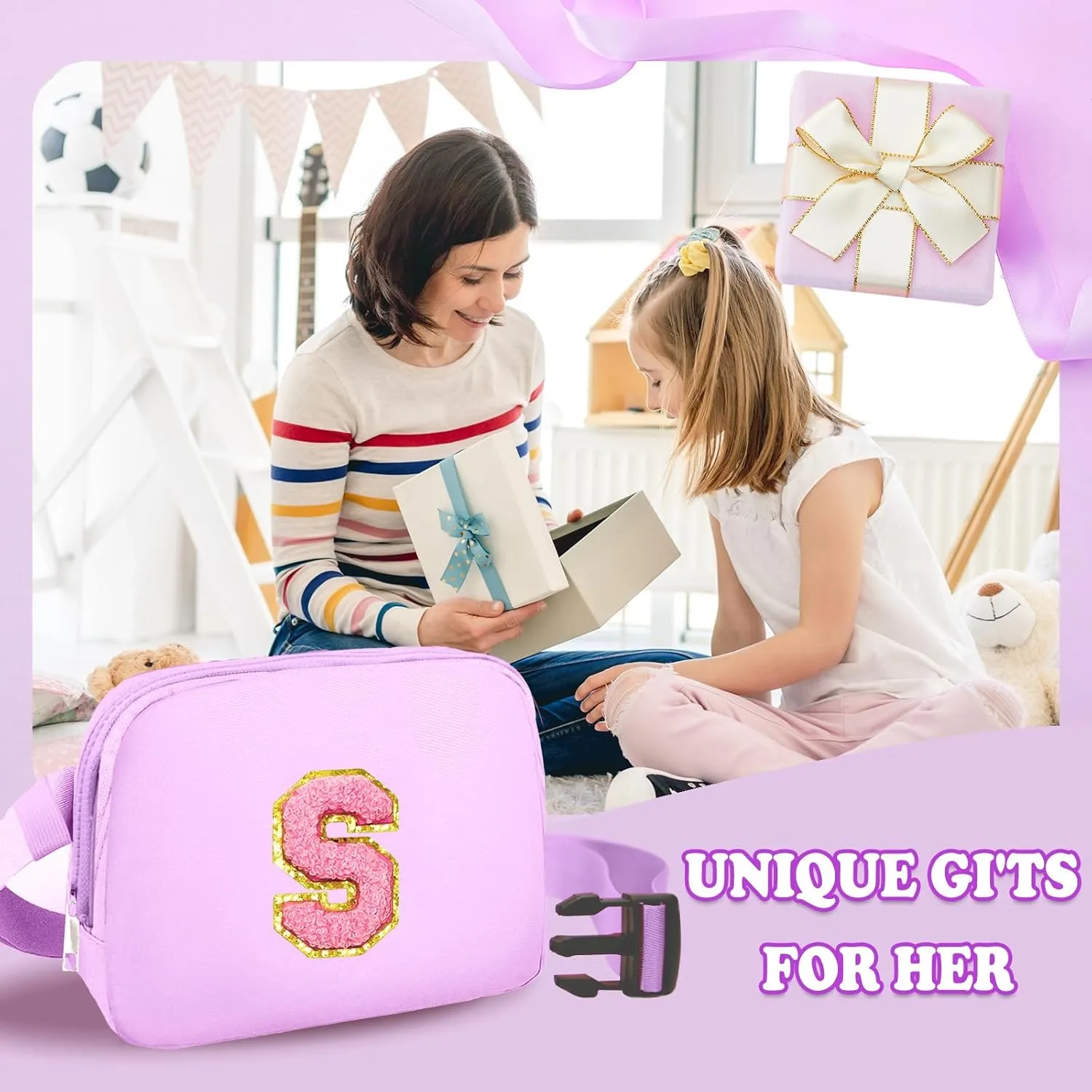 Birthday Gifts for 4 5 6 7 8 9 10 11 12 13 Year Old Girls, Crossbody Bags Fanny Pack with Initial Letter Patch Cute Stuff for Women Girls Teens (S, Purple)