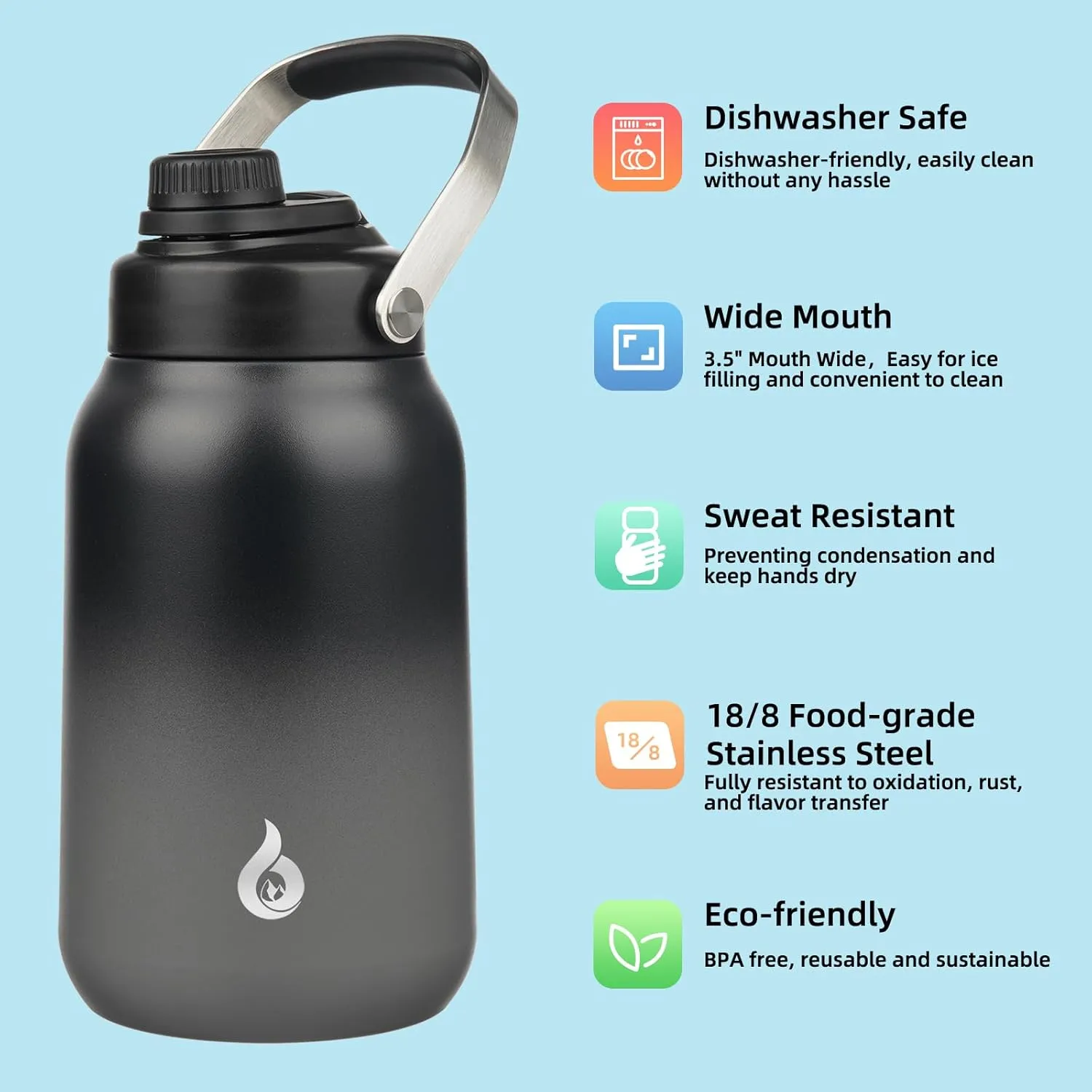 BJPKPK Half Gallon Insulated Water Bottles, 64oz Water Jug with Metal Handle & BPA Free Spout Lid, Dishwasher Safe Thermos, Large Stainless Steel Gym Sport Jugs, Black Grey