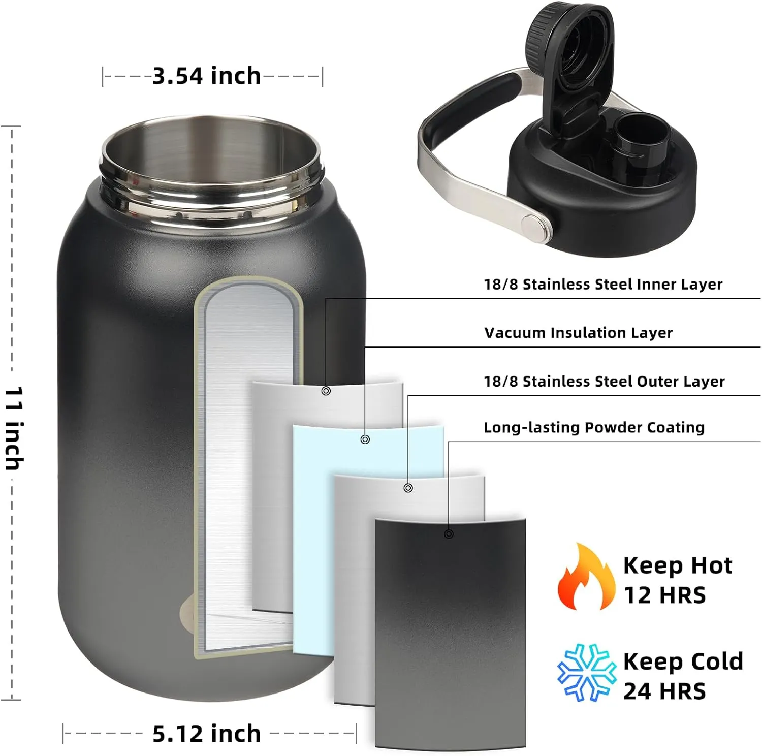 BJPKPK Half Gallon Insulated Water Bottles, 64oz Water Jug with Metal Handle & BPA Free Spout Lid, Dishwasher Safe Thermos, Large Stainless Steel Gym Sport Jugs, Black Grey