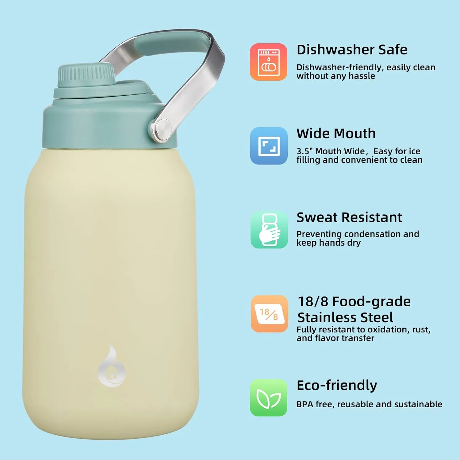 BJPKPK Half Gallon Insulated Water Bottles, 64oz Water Jug with Metal Handle & BPA Free Spout Lid, Dishwasher Safe Thermos, Large Stainless Steel Gym Sport Jugs, Chartreuse