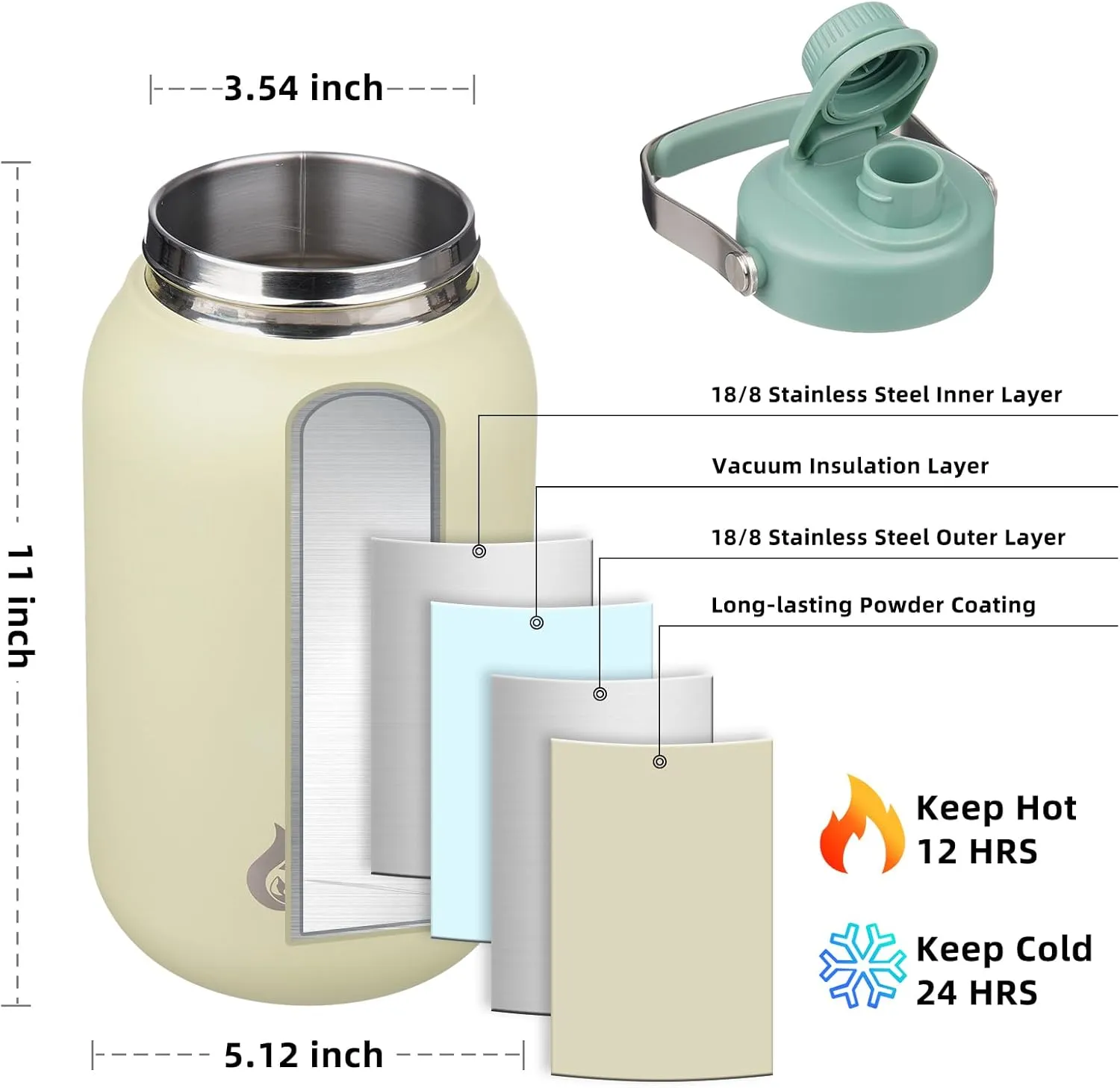 BJPKPK Half Gallon Insulated Water Bottles, 64oz Water Jug with Metal Handle & BPA Free Spout Lid, Dishwasher Safe Thermos, Large Stainless Steel Gym Sport Jugs, Chartreuse