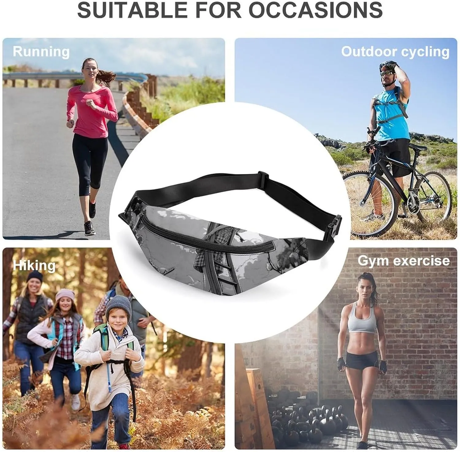 Black And White Illustration Fanny Pack for Women Men Waist Bag Waterproof Belt Bag with Adjustable Strap