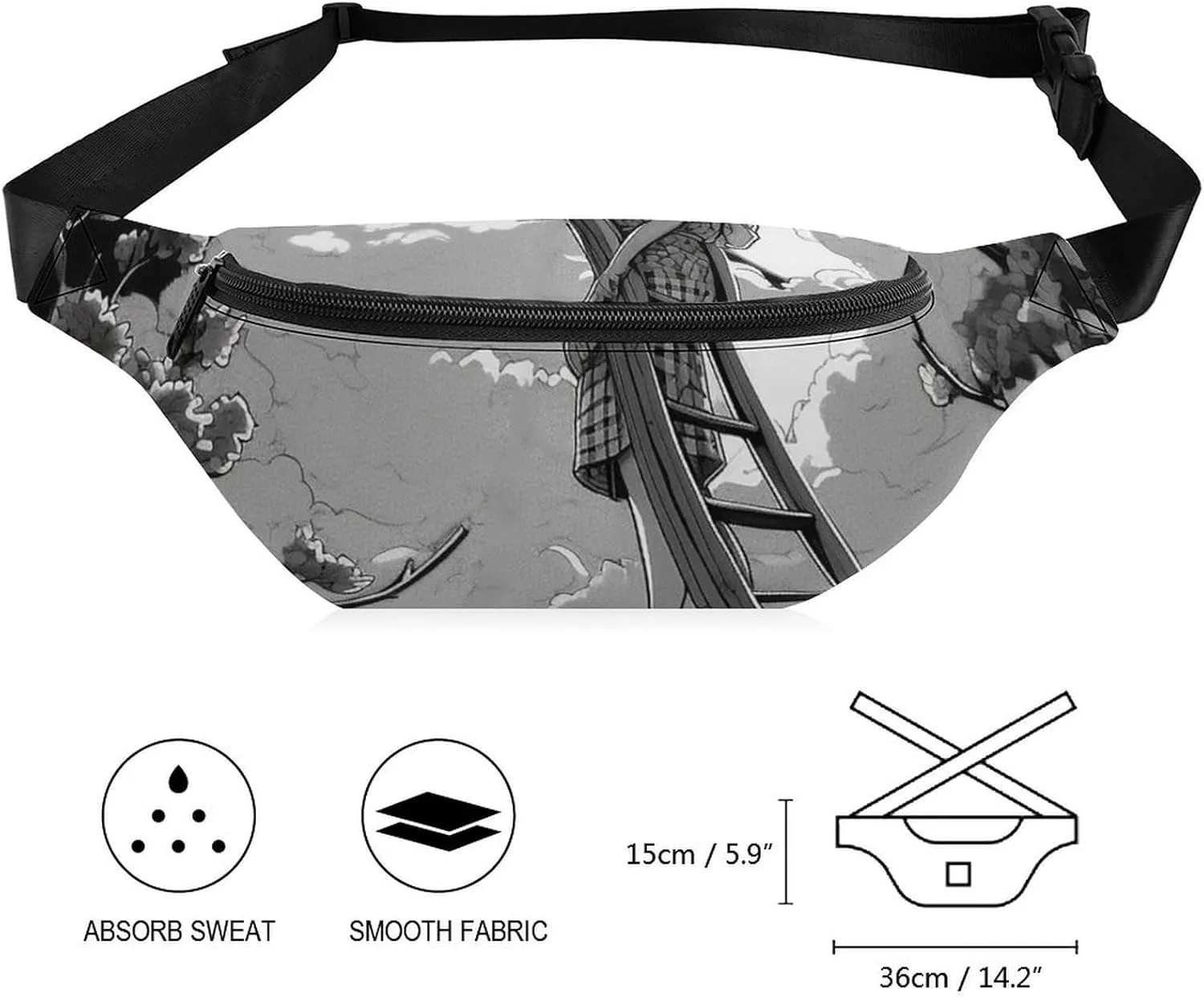 Black And White Illustration Fanny Pack for Women Men Waist Bag Waterproof Belt Bag with Adjustable Strap