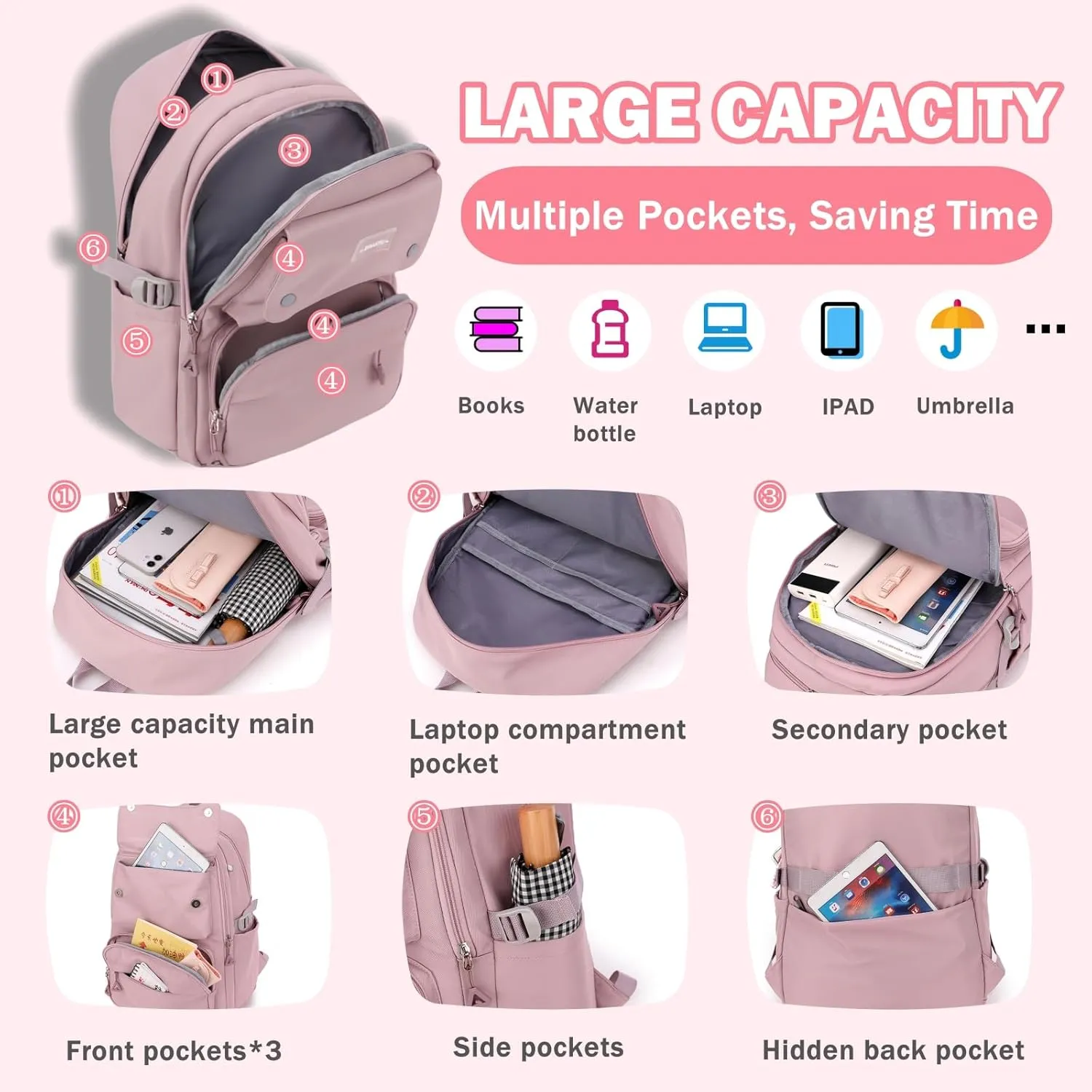 Black Girls School Backpack,Kids Backpack for Teen Girls Elementary Middle School Bookbag Multi-pocket Fashion Daypack