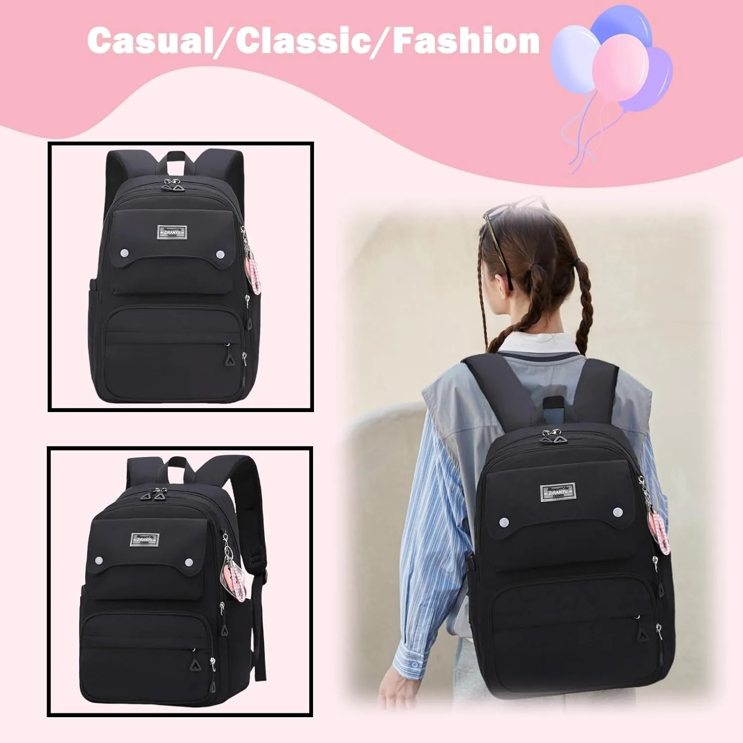 Black Girls School Backpack,Kids Backpack for Teen Girls Elementary Middle School Bookbag Multi-pocket Fashion Daypack